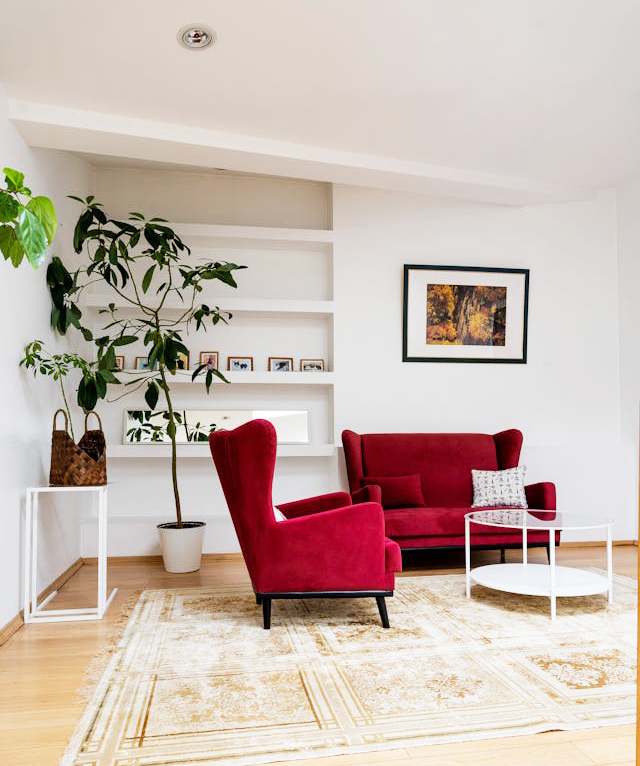 Red couches in the living Room
