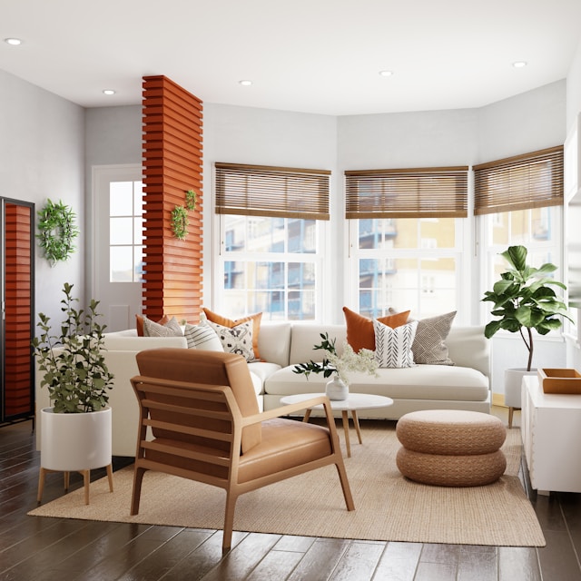 Minimalist Living room with wood tones